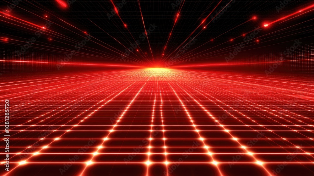 Poster Abstract Futuristic Digital Background with Red Laser Beams and Grids Creating a Sense of Depth and Motion in a Technological Environment