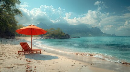 A peaceful beach scene with a lone beach chair and an umbrella, facing the ocean, perfect for a moment of solitude and reflection