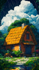 Fototapeta premium A quaint cottage with a thatched roof sits nestled amidst lush greenery, bathed in the soft light of a stormy sky. Rain falls gently, creating a peaceful and idyllic atmosphere.