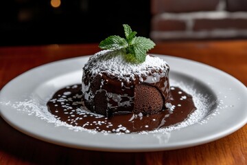 Decadent Chocolate Lava Cake with Molten Center, Garnished with Mint and Powdered Sugar