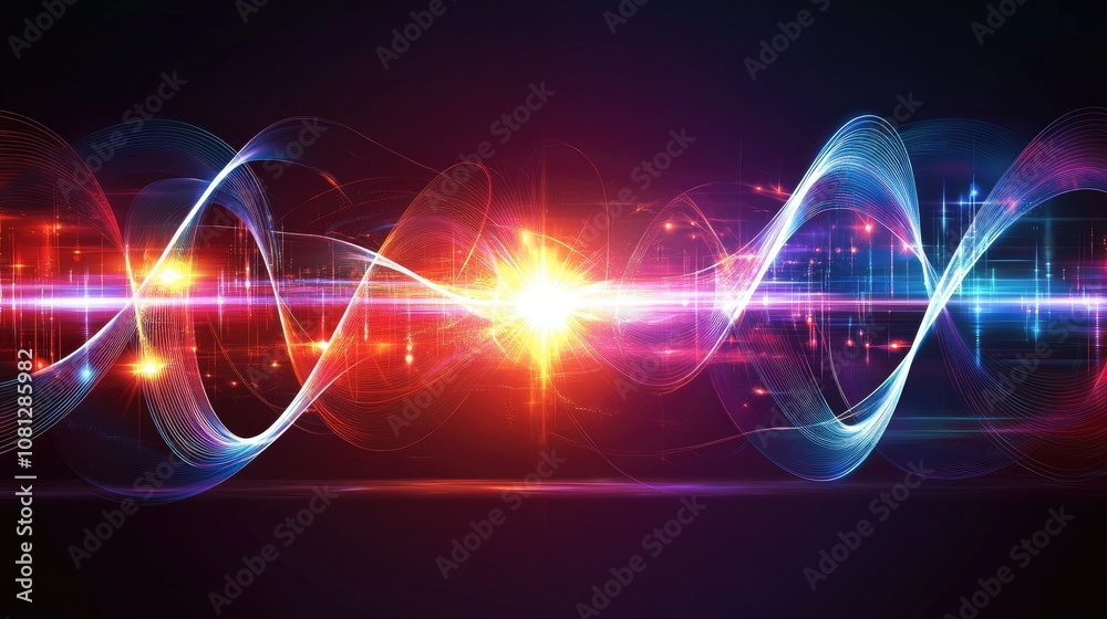Poster dynamic wave patterns with vibrant colors and intertwined light trails creating an abstract represen