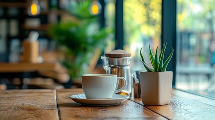 Fototapeta premium Cozy coffee cup and plant in a modern cafe interior