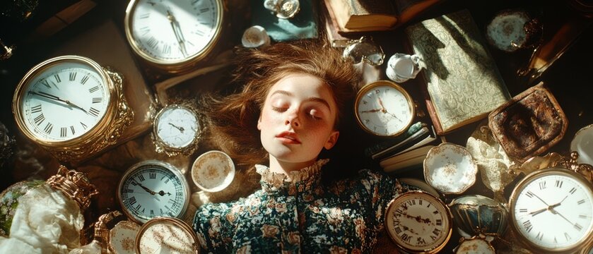 A girl surrounded by countless clocks lies peacefully, symbolizing the serene suspension of time and the beauty of timelessness.