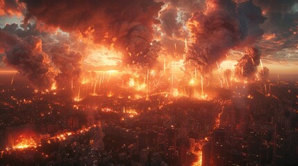 Naklejka premium A panoramic view of a city at night with multiple rocket explosions lighting up the sky, creating a scene of chaos and destruction