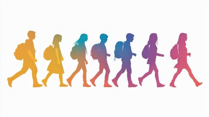 Silhouettes of diverse individuals walking in a gradient of colors.