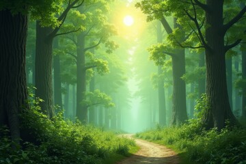 Obraz premium Misty sunlit forest path through lush green trees