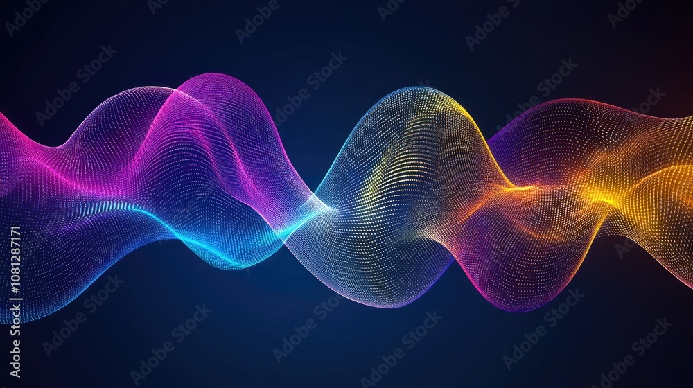 Poster abstract visualization of colorful wave patterns with glowing dots on a dark background representing