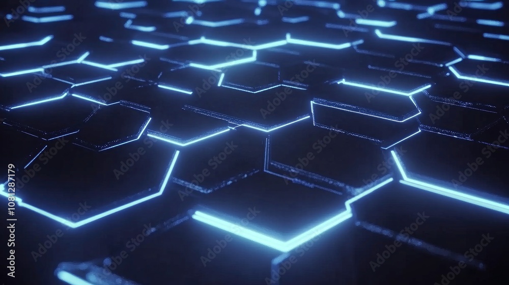 Poster futuristic blue hexagonal pattern with glowing neon lights creating an intricate abstract design sui