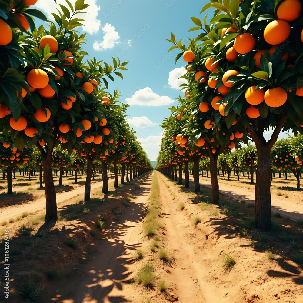 Poster sun-drenched rows of orange trees, laden with juicy fruit, stretch towards a distant mountain range.
