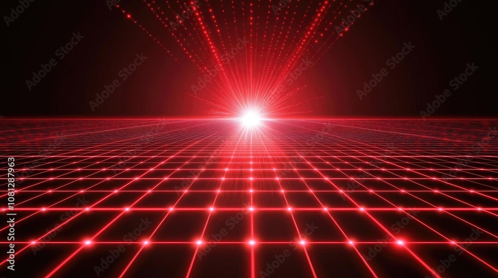 Poster futuristic red laser grid with focal light source creating an illusion of depth and perspective in a