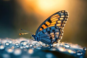 Obraz premium A close-up of a butterfly with orange and black markings on its wings, perched on a leaf covered in dew drops. The butterfly is illuminated by the warm glow of the setting sun.