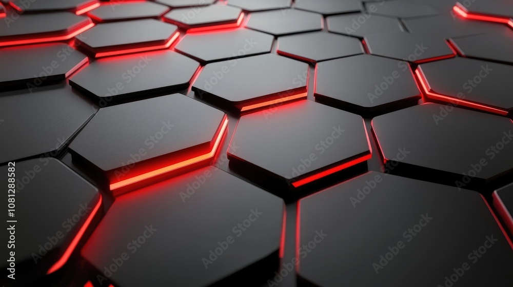 Poster futuristic hexagonal pattern with illuminated red lines on a dark surface perfect for technology, ba