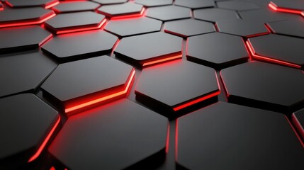 Futuristic Hexagonal Pattern with Illuminated Red Lines on a Dark Surface Perfect for Technology, Backgrounds, and Graphic Design Projects