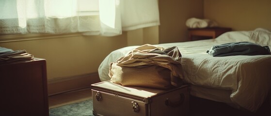 Gentle sunlight bathes a tranquil bedroom; a suitcase with folded clothes suggests peaceful mornings and the allure of travel.