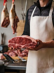 Butcher skillfully displays freshly cut ribeye steak for enthusiastic meat lovers