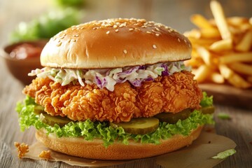 Crispy Fried Chicken Burger with Coleslaw and Pickles on a Soft Brioche Bun, Served with Fries
