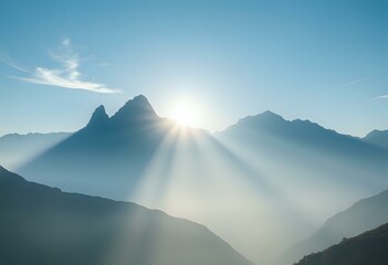 Obraz premium Serene Sunrise Over Mountain Range - Early Morning Mist & Long Shadows