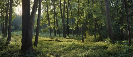 Naklejka premium Sunlight filters through tall trees in a lush, green forest, creating a tranquil and verdant sanctuary filled with dappled light and nature's harmony.