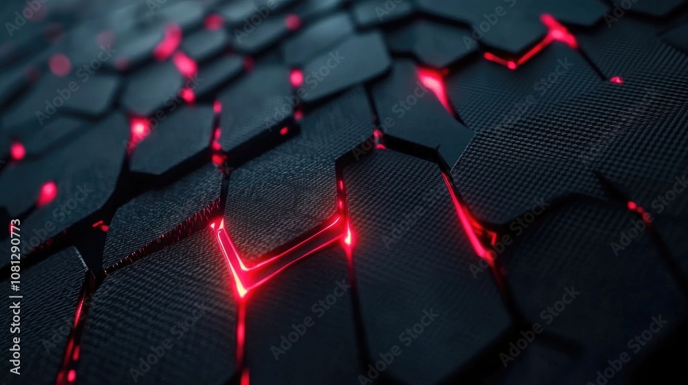 Poster abstract black hexagonal texture with glowing red lines creating a futuristic and modern design suit