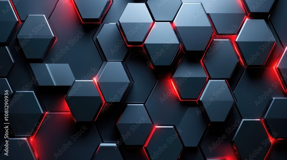 Poster futuristic hexagon pattern with glossy surface and red neon accents on dark background for tech and 