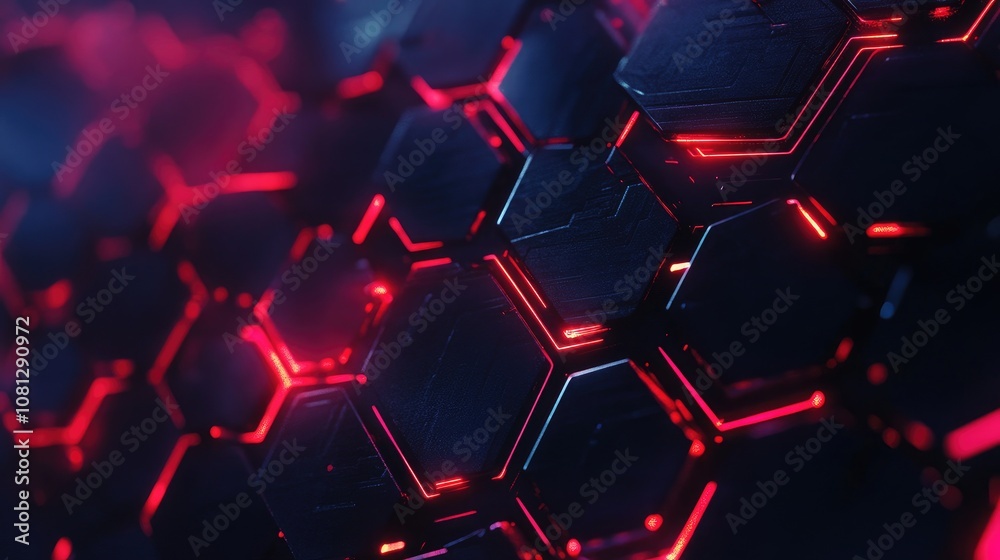 Poster futuristic hexagonal pattern with neon red lights on dark surface, abstract background design for te