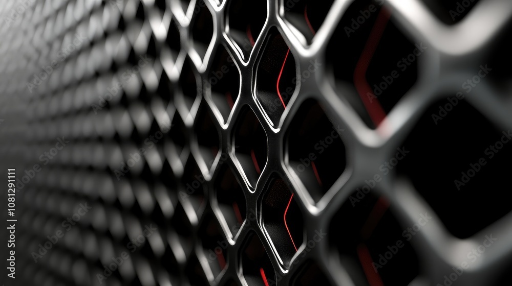 Poster close-up view of a modern metallic honeycomb pattern with highlighted edges and textured surface ide