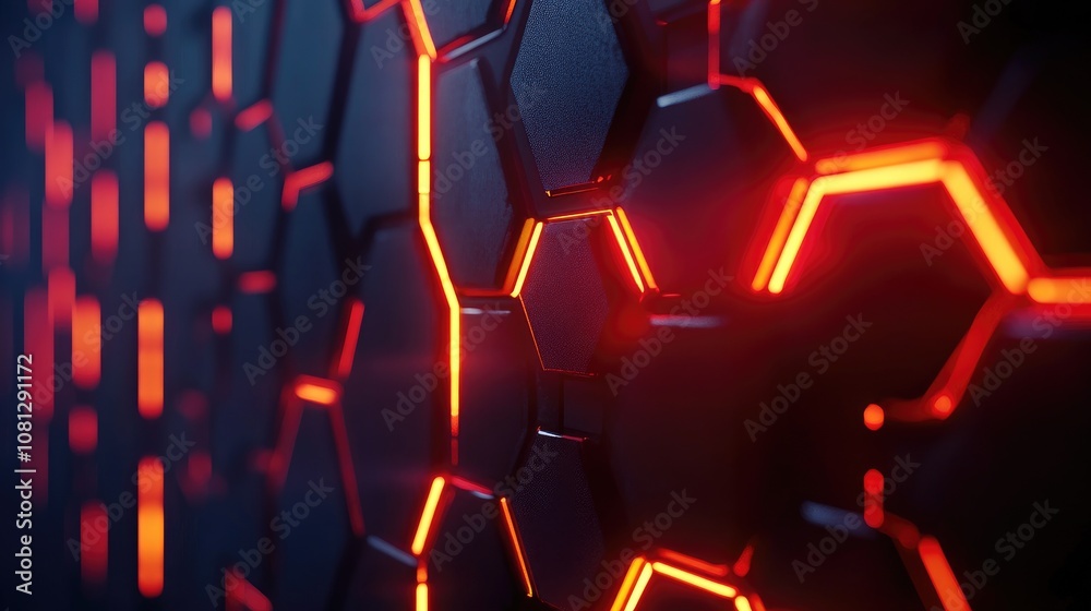 Poster abstract background featuring a futuristic hexagonal pattern with glowing red neon lines, creating a