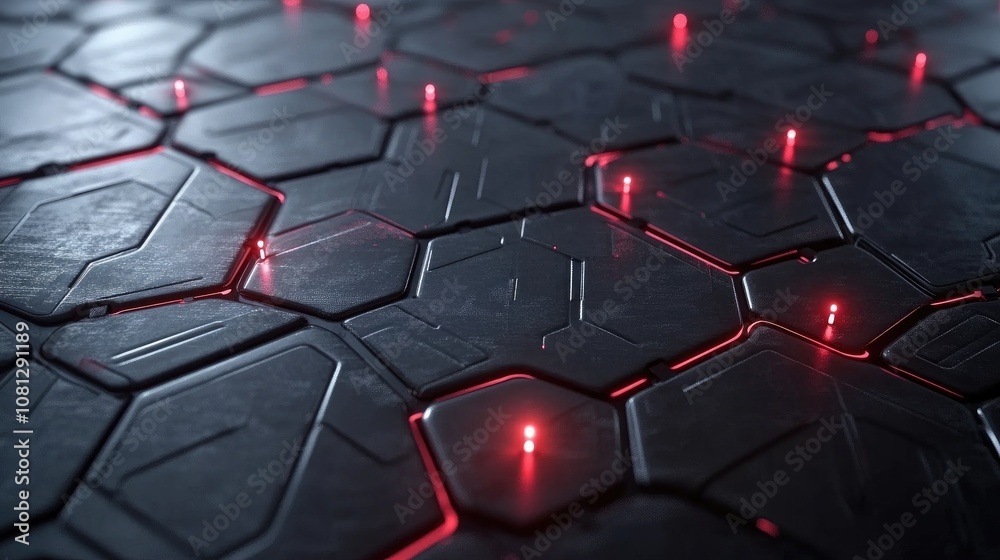 Poster futuristic hexagonal pattern with illuminated red lights on a dark surface, perfect for technology a