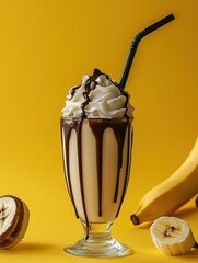 Indulge in a decadent chocolate banana shake topped with whipped cream and drizzled chocolate