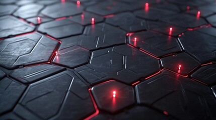 Fototapeta premium Futuristic Hexagonal Pattern with Illuminated Red Lights on a Dark Surface, Perfect for Technology and Sci-Fi Backgrounds, Abstract Designs, and Modern Aesthetics