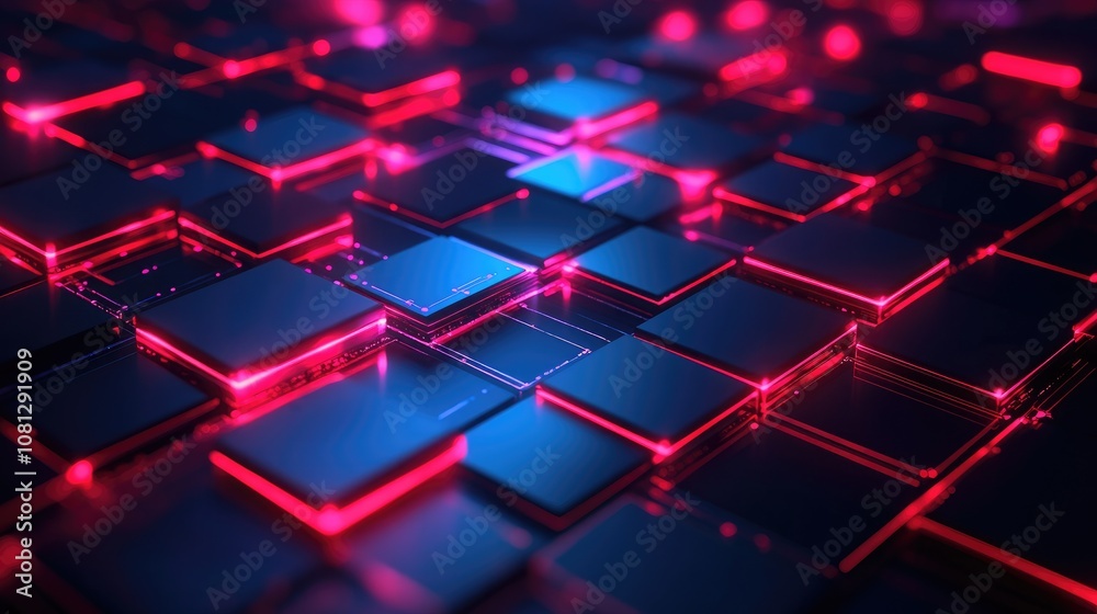 Poster futuristic abstract background with glowing neon squares and digital patterns in a high-tech environ