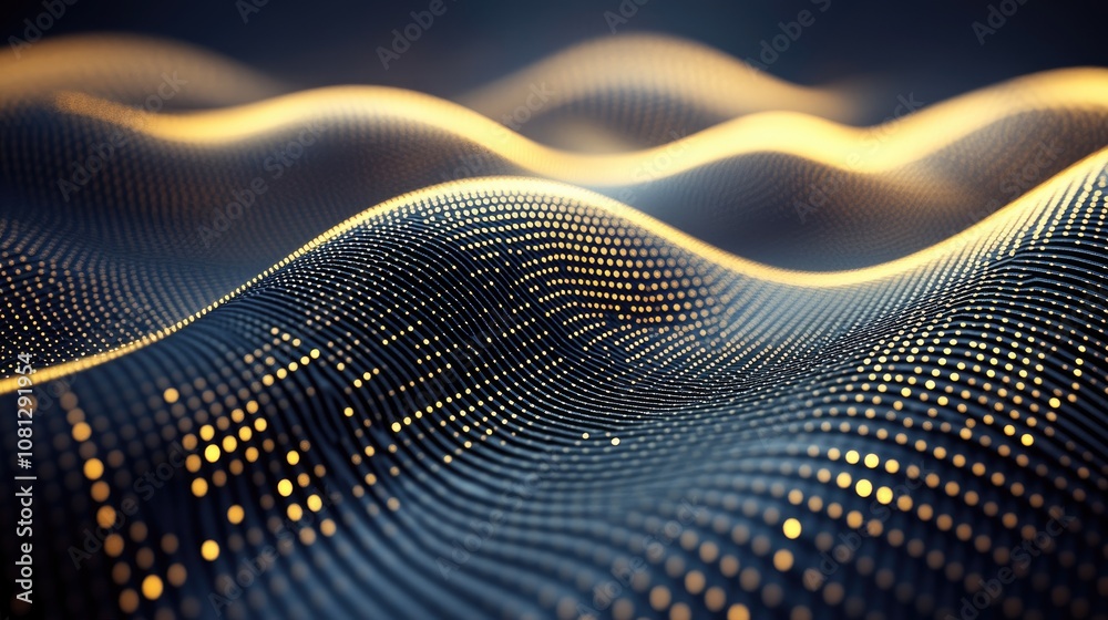 Poster abstract wave pattern with glowing dots creating a dynamic flowing effect in a dark background, perf