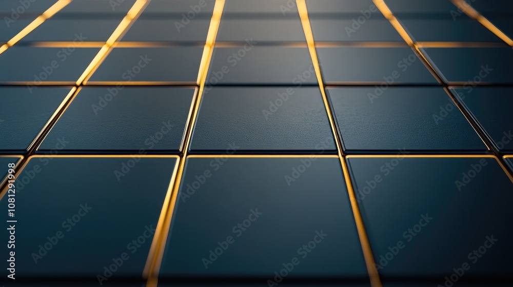 Poster Close-Up View of a Modern Textured Surface with Golden Grid Lines Intersecting Dark Square Tiles, Perfect for Abstract Backgrounds and Design Projects