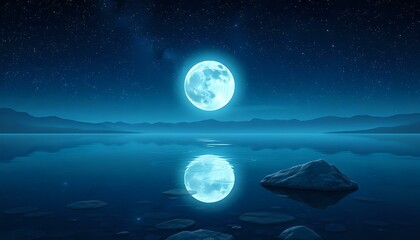 Mystic Moonlit Mountain Reflection, Tranquil Lake