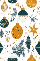 Minimalist Scandinavian Christmas ornaments pattern, geometric shapes, snowflakes and stars, clean design on white background