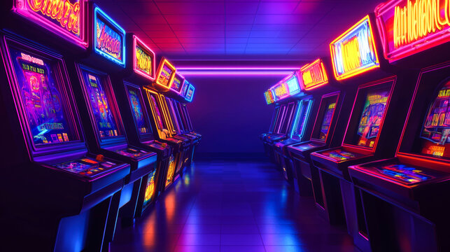 A row of arcade game machines with colorful neon lights in a dark room.