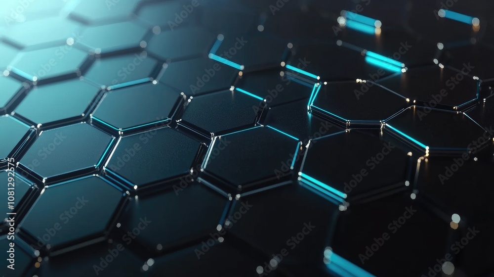 Poster abstract technology background with glowing hexagonal structures and reflective surfaces, creating a
