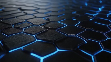 Naklejka premium Futuristic Hexagonal Pattern with Glowing Blue Lines on Dark Surface, Modern Technology Background for Innovations and Design Concepts