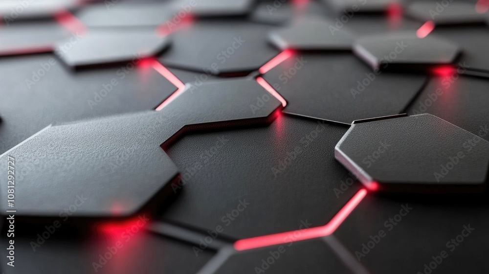 Poster dark hexagonal patterns with subtle red lighting on a textured surface creating a futuristic and mod