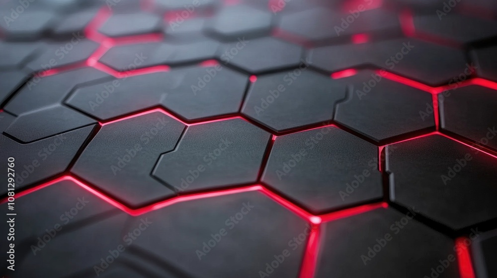Poster Abstract Hexagonal Pattern with Glowing Red Lines on a Black Surface, Creating a Futuristic and Dynamic Background Ideal for Technology and Design Projects