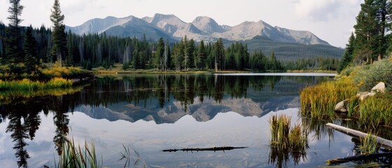 Fototapeta premium A serene mountain lake reflects towering peaks and lush forests, creating a tranquil harmony between earth and sky, tinged with the colors of early autumn.