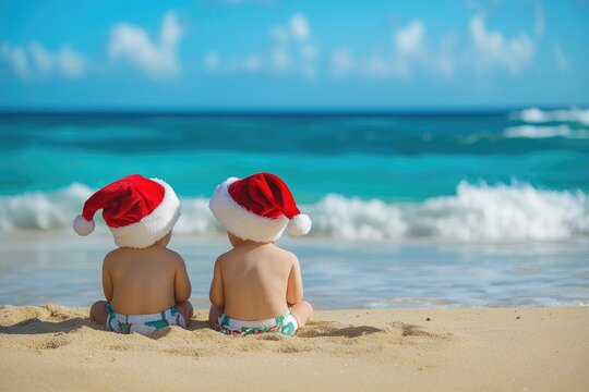 Two babies in Santa hats sit on a sandy beach with turquoise ocean waters, viewed from the back. Perfect holiday and Christmas vacation travel concept with copy space. - Powered by Adobe