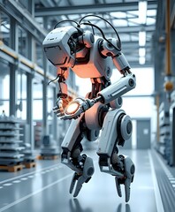 Fototapeta premium Industrial Robot in Warehouse with Glowing Orange Ball