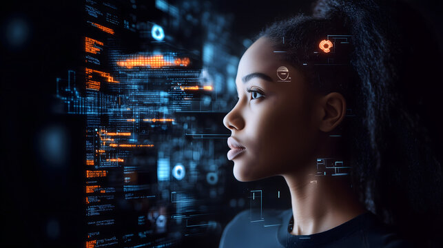 Female IT specialist learns to analyze code and data technology, cyber security, impact of artificial intelligence augmented reality, side profile, copy space. AI generation	
