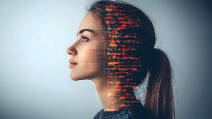 Female IT specialist learns to analyze code and data technology, cyber security, impact of artificial intelligence augmented reality, side profile, copy space. AI generation	