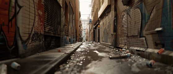 Fototapeta premium A narrow alley decorated with graffiti and litter reveals urban grit and character, leading the eye toward a hidden part of the city.