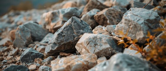 A rugged pile of large gray rocks rests on uneven ground, capturing nature's raw texture and strength in the open landscape.