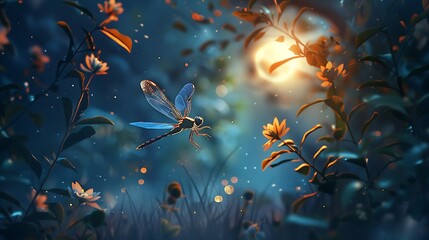 A serene night scene featuring a dragonfly amidst glowing flowers and soft lighting.