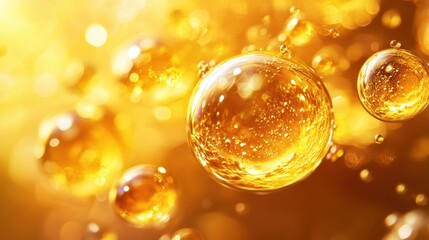 Golden oil bubbles with a shimmering glow. Perfect for beauty, health, and wellness themes.