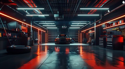 A modern garage interior with neon lighting and a car, showcasing tools and equipment for automotive work.